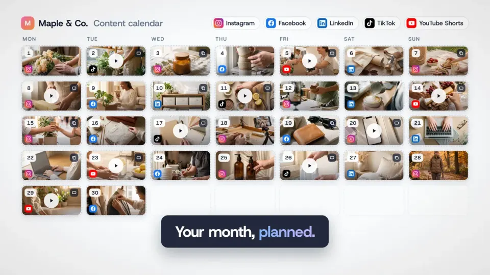 A month-view content calendar filled with image posts, videos and carousels, tagged by channel.