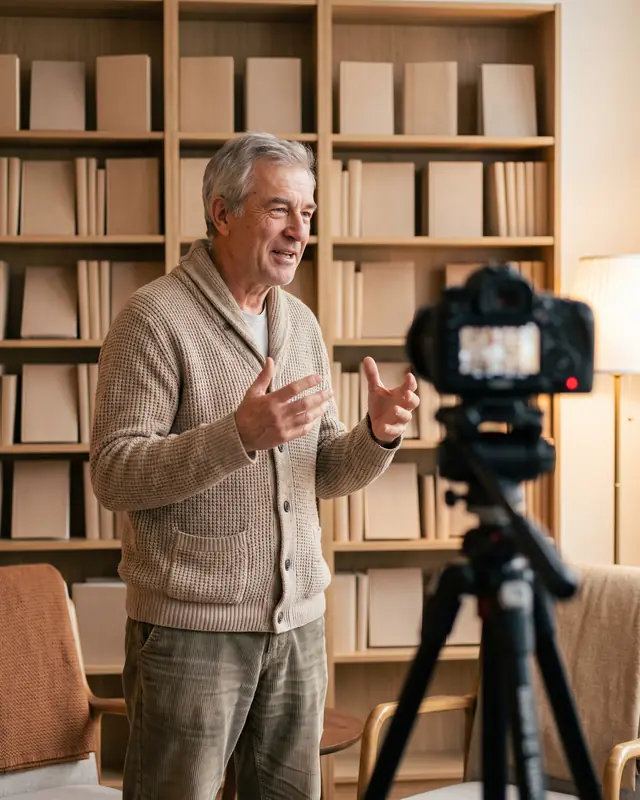 A grey-haired man in a knitted cardigan talking and gesturing to a camera on a tripod in front of tall bookshelves