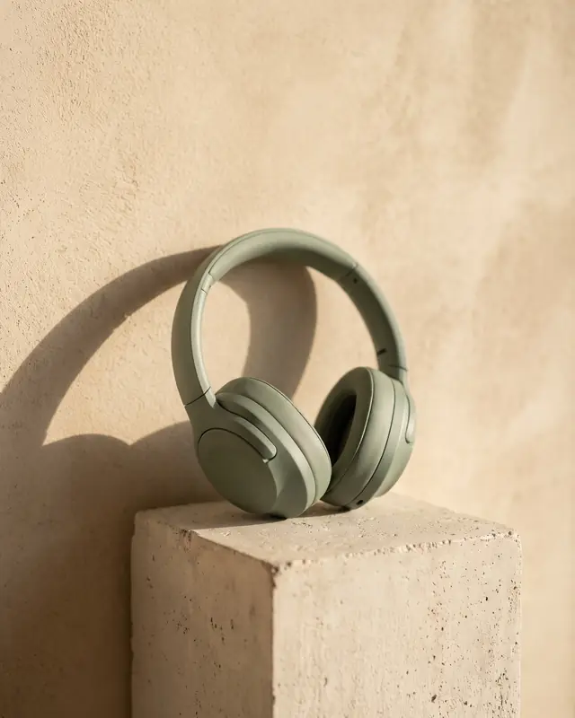 Sage-green over-ear headphones resting on a stone plinth, casting a curved shadow on a warm plaster wall