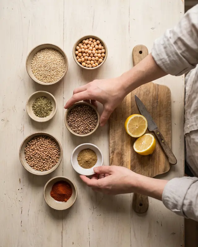 Overhead view of hands arranging small bowls of grains, chickpeas, lentils and spices beside a halved lemon and a knife on a chopping board