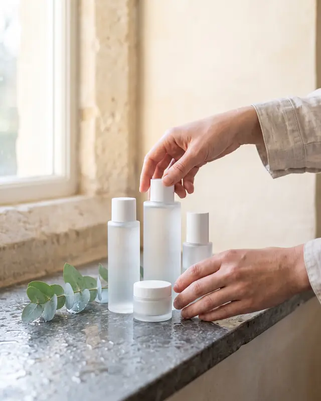 Hands arranging frosted glass skincare bottles and a jar on a wet granite windowsill beside a sprig of eucalyptus