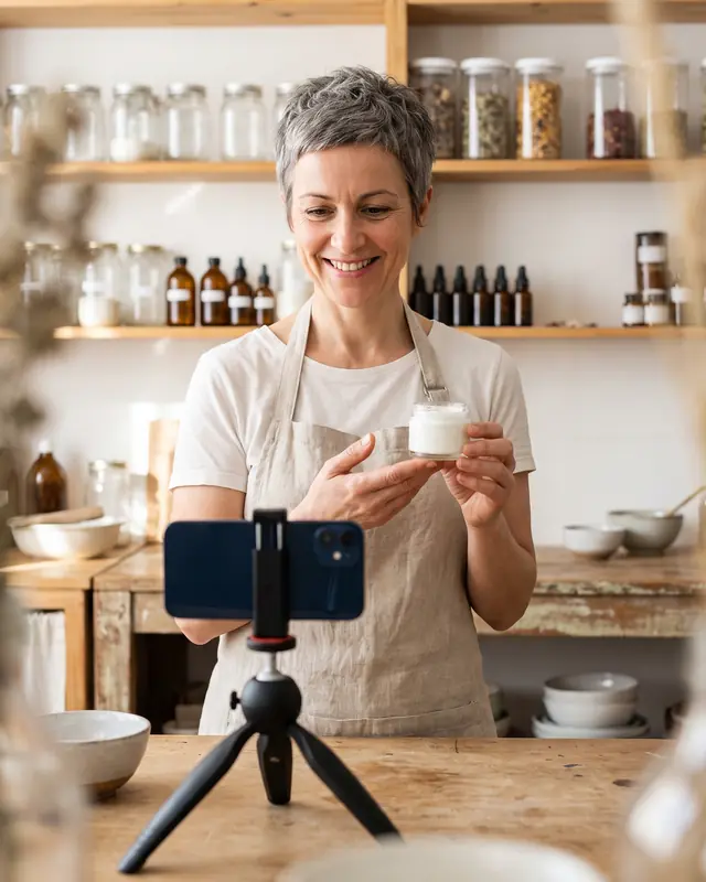 A grey-haired woman in a linen apron smiling as she holds up a jar of cream to a phone on a small tripod, shelves of glass jars and dropper bottles behind her